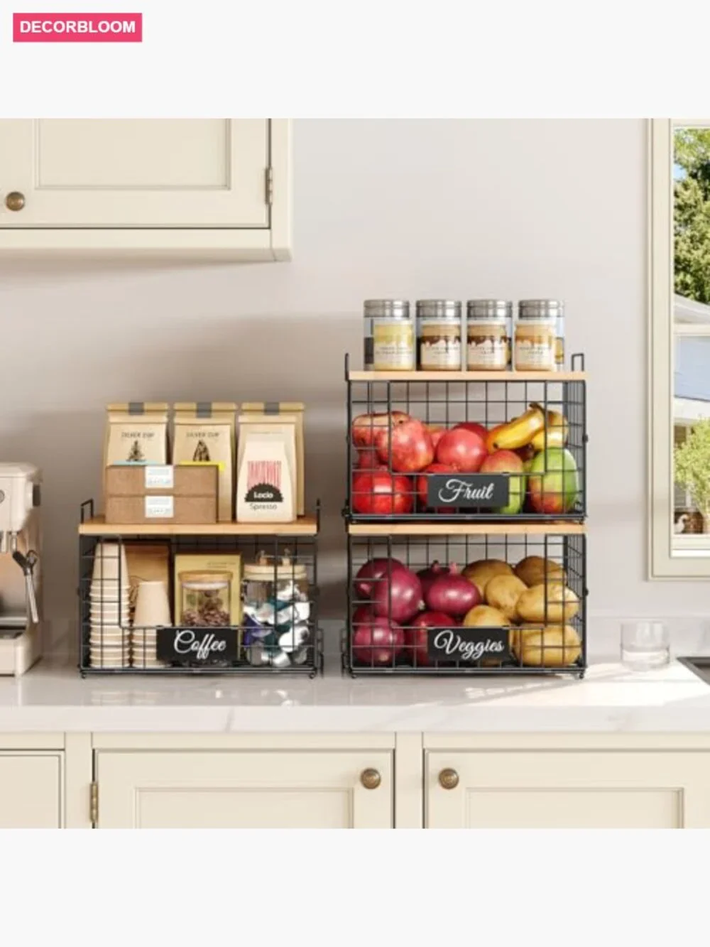 2 Pack Stackable Wire Baskets with Wooden Tops & Tags for Kitchen Pantry Storage
